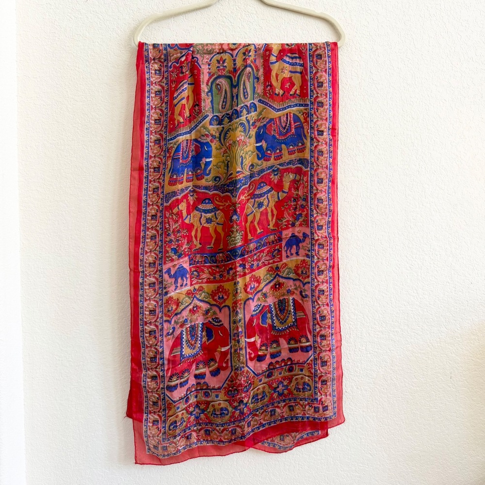 Pure Silk India Scarf Red Blue Elephant Camel Animal Print Bohemian Wrap 20x66